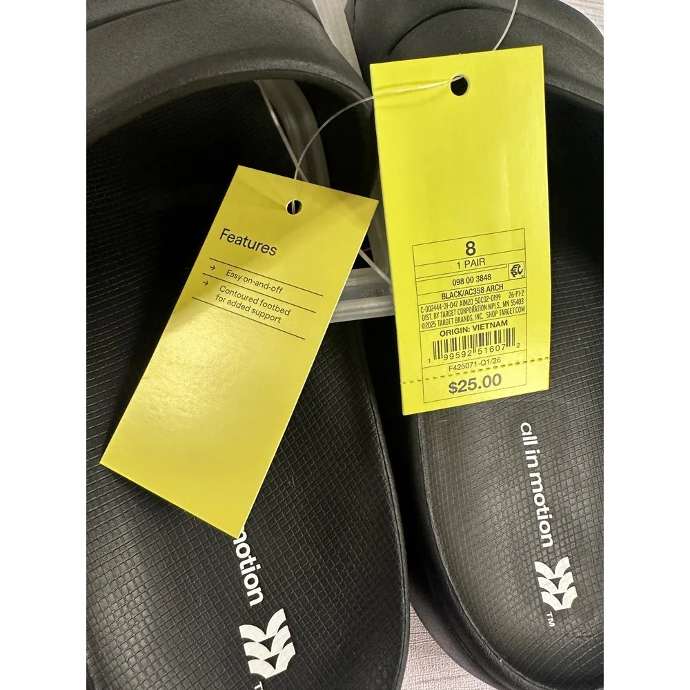 All in Motion Mens Black Slide Sandals Contoured Footbed AC358 Size 8 NWT